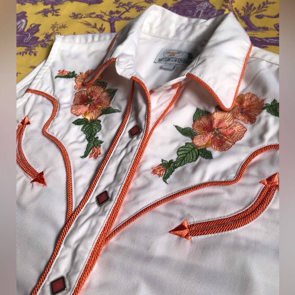 Panhandle Slim Western Embroidered Women’s Snap Shirt Top Orange White EUC
